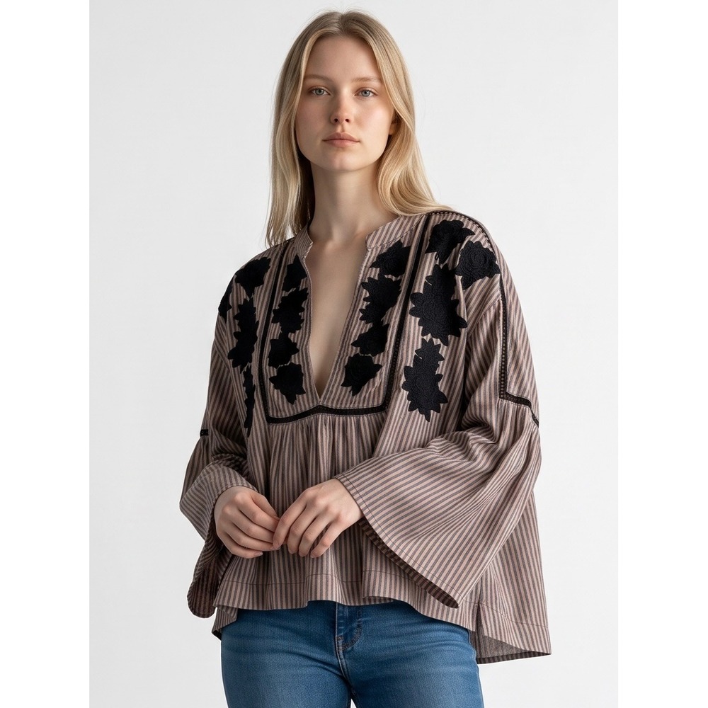Free People Embroidered Striped Bell Sleeve Boho Blouse Beige Black Large